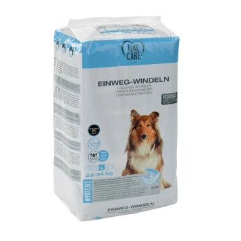 Packung mit Einweg-Hundewindeln, beschriftet "Take Care," geeignet für Hunde mit einem Gewicht von 23-34 kg, mit einem Collie auf der Vorderseite.