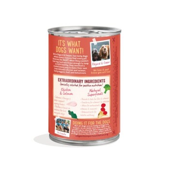 Red can of Edgard & Cooper dog food labeled "IT'S WHAT DOGS WANT!" with dog photos and "Extraordinary Ingredients" panel