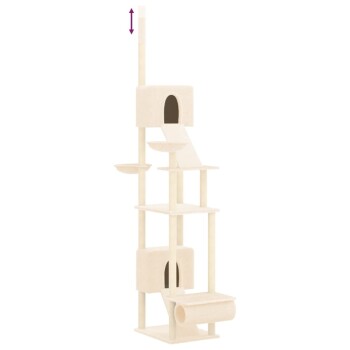 Katzenbaum mit mehreren Ebenen, beige Farbe, ausgestattet mit einem gemütlichen Versteck, Rampen und Plattformen zum Klettern und Ausruhen.