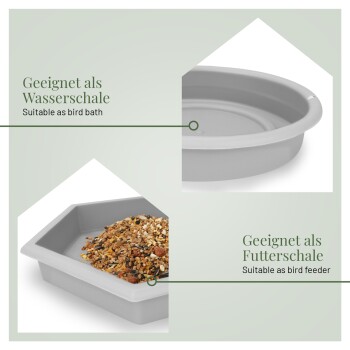 Graue Futter- und Wasserschalen für Vögel, beschriftet mit "Geeignet als Vogelbad" und "Geeignet als Vogelfutterspender."
