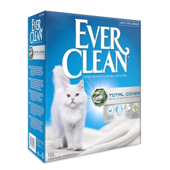 Total Cover 10 l Eine Box Ever Clean Super Premium Klumpstreu für Katzen mit einer flauschigen weißen Katze auf der Vorderseite, beschriftet mit "Total Cover" und "10L Niedrigstaub-Formel."