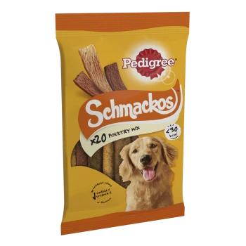 A bag of Pedigree Schmackos dog treats with a golden retriever, labeled "x20 Poultry Mix," "<30 kcal," Omega 6, and Vitamin E.