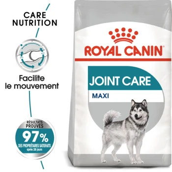 Sac de nourriture pour chiens Royal Canin Joint Care Maxi avec une illustration de Husky sibérien, avec un texte mettant en avant la nutrition de soin et la facilitation du mouvement.