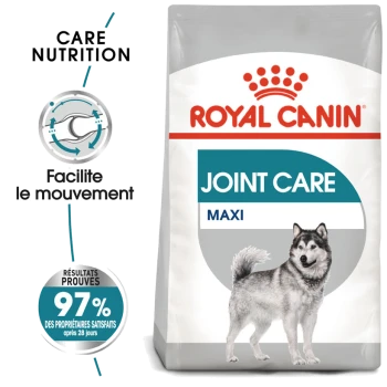 Sac de nourriture pour chiens Royal Canin Joint Care Maxi avec une illustration de Husky sibérien, avec un texte mettant en avant la nutrition de soin et la facilitation du mouvement.
