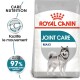 Sac de nourriture pour chiens Royal Canin Joint Care Maxi avec une illustration de Husky sibérien, avec un texte mettant en avant la nutrition de soin et la facilitation du mouvement.