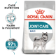 Sac de nourriture pour chiens Royal Canin Joint Care Maxi avec une illustration de Husky sibérien, avec un texte mettant en avant la nutrition de soin et la facilitation du mouvement.