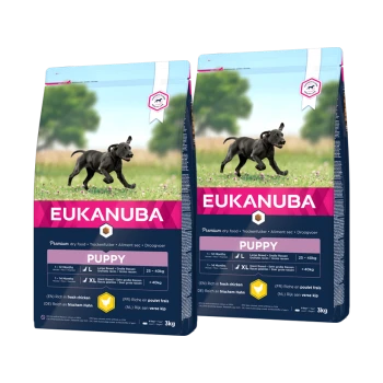 Worki suchej karmy dla szczeniąt Eukanuba, 3 kg każdy, z biegającym szczeniakiem na przodzie, z tekstem szczegółowo opisującym składniki i zalecenia dotyczące karmienia.