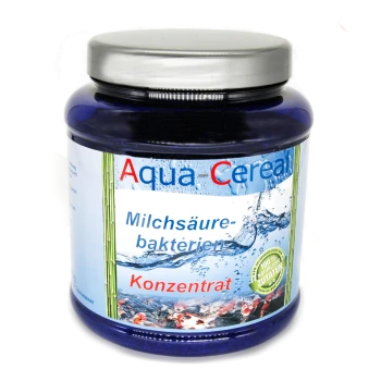 Aqua Cereal Glas mit 'Milchsäurebakterien' und 'Konzentrat', blau-weißes Design, grünes Etikett '100% natürliche Zutaten.'
