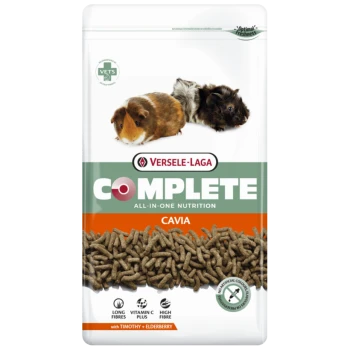 Zak Versele-Laga COMPLETE CAVIA cavia-voer met twee cavia's, zichtbare pellets en tekst 'Alles-in-één voeding'.