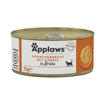 Dose mit Applaws natürlichem Katzenfutter mit Hühnerbrust und Kürbis in Brühe, gekennzeichnet als 100% natürliche Zutaten, 70g.