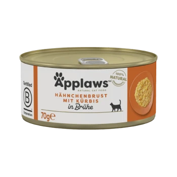Dose mit Applaws natürlichem Katzenfutter mit Hühnerbrust und Kürbis in Brühe, gekennzeichnet als 100% natürliche Zutaten, 70g.