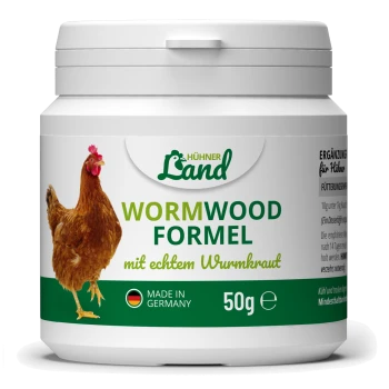 Behälter mit Hühner Land Wermut-Formel für Geflügel, mit einer Illustration einer braunen Henne, 50g, hergestellt in Deutschland.