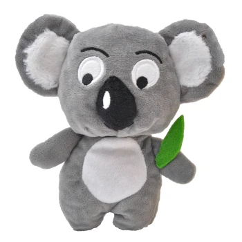 Grau plüschiger Koala-Spielzeug mit großen Augen und einem grünen Blatt in der Hand, mit weichem Stoff und einem freundlichen Ausdruck.