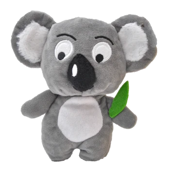 Szary pluszowy miś koala z dużymi oczami i zielonym liściem w ręce, z miękkiego materiału i przyjaznym wyrazem twarzy.