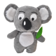Szary pluszowy miś koala z dużymi oczami i zielonym liściem w ręce, z miękkiego materiału i przyjaznym wyrazem twarzy.