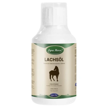 Flasche Lyra Horse Lachsöl (Lachsöl) für Pferde, 500 ml, mit einer Silhouette eines Pferdes und mehrsprachigem Text.