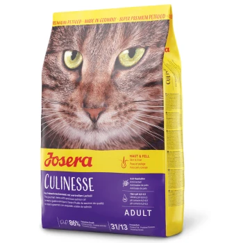 Culinesse 2 kg Ein Beutel Josera Culinesse Katzenfutter mit dem Gesicht einer Katze, das die Vorteile "Haut & Fell" und "86% tierische Zutaten" hervorhebt.