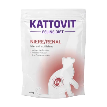 Kattovit Feline Diet Niere/Renal Katzenfutter, 400g, mit einer Katzensilhouette und Text über hochwertige Proteine und reduziertes Phosphor.