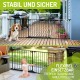 Ein Beagle sitzt neben einem schwarzen Sicherheitstor auf einer Holzterrasse, mit den Texten "STABIL UND SICHER" und "FLEXIBEL EINSETZBAR" darüber und darunter.