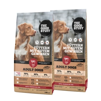Zwei Säcke "The Good Stuff" Super-Premium-Hundefutter für Erwachsene, mit einem braunen Hund und deutschem Text über verantwortungsvolles Füttern.