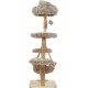Arbre à chat beige à plusieurs niveaux avec plateformes en peluche, poteaux en sisal, pompons suspendus et panier tissé sur base en bois.
