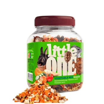 Ein klares Glas mit der Aufschrift 'little ONE VEGETABLE MIX Snack', gefüllt mit getrocknetem Gemüse-Mix, mit Bildern eines Kaninchens, Meerschweinchens und Hamsters.