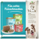 Dosen von Betty's Landhausküche Tiernahrung in verschiedenen Geschmacksrichtungen mit einem Teller Futter und einem Hund, der Qualität und Zutaten betont.