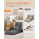 Corgi auf grauen Haustiertreppen neben dem Sofa; deutscher Text 'Design mit geringer Neigung', Buttons 'Unsere' und 'Andere'.