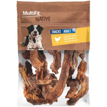 MultiFit Native dog snack bag, black-and-white dog photo, visible chicken necks; reads 'SNACKS ADULT' and 'CHICKEN NECKS'.