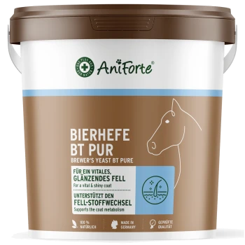 Behälter mit AniForte Bierhefe BT Pure für Pferde, mit deutschem Text über die Förderung eines glänzenden Fells und die Unterstützung des Fellstoffwechsels.