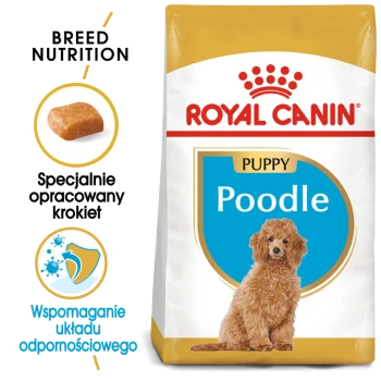 Torba z karmą dla szczeniąt Royal Canin Poodle z puszystym szczeniakiem pudla, z tekstem podkreślającym odżywianie rasy i wsparcie odporności.