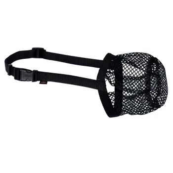Muselière en mesh noir pour chiens avec des sangles ajustables et une boucle à dégagement rapide.