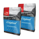 Deux sacs de nourriture pour chiens biologiquement appropriée Orijen Original, avec un design bleu mettant en avant les ingrédients et les informations nutritionnelles.