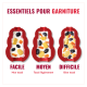 Trois moules en forme d'os rouges avec yaourt, fruits et croquettes ; en-tête « ESSENTIELS POUR GARNITURE » ; étiquettes FACILE, MOYEN, DIFFICILE.