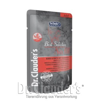 Dr. Clauder's Best Selection No. 08 Tiernahrungsverpackung, die Rindfleisch und Ente mit Kartoffeln zeigt, gekennzeichnet mit "Adult" und "Made in Germany."