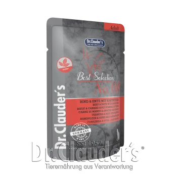 Dr. Clauder's Best Selection No. 08 Tiernahrungsverpackung, die Rindfleisch und Ente mit Kartoffeln zeigt, gekennzeichnet mit "Adult" und "Made in Germany."