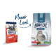 Bild von zwei Happy Cat Haustierfutterbeuteln, einer beschriftet "adult indoor" und der andere "indoor," mit einer grauen Katze und dem Text "Neuer Look."