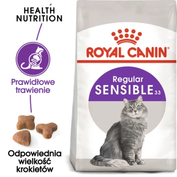 Torba z karmą dla kotów Royal Canin Sensible z ilustracją szarego kota, z tekstem podkreślającym zdrowe odżywianie i prawidłowe trawienie.