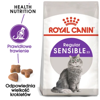 Torba z karmą dla kotów Royal Canin Sensible z ilustracją szarego kota, z tekstem podkreślającym zdrowe odżywianie i prawidłowe trawienie.