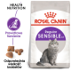 Torba z karmą dla kotów Royal Canin Sensible z ilustracją szarego kota, z tekstem podkreślającym zdrowe odżywianie i prawidłowe trawienie.