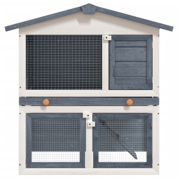 Holzhaustierhaus mit einem grau-weißen Design, das mehrere Fächer, Drahtgittertüren und einen kleinen orangefarbenen Knopf aufweist.