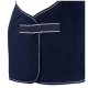 Marineblauer Haustiermantel mit weißem Besatz, mit einem Frontverschluss und einer weichen Fleece-Oberfläche.