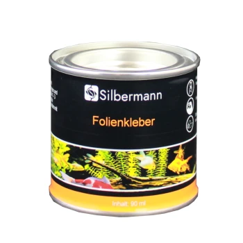 Silbermann Folienkleber Kleberdose, 90 ml, mit einer bunten aquatischen Szene mit Fischen und Pflanzen auf dem Etikett.