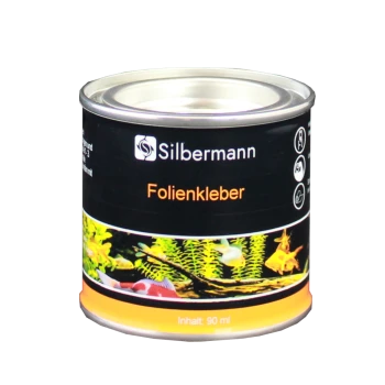 Silbermann Folienkleber Kleberdose, 90 ml, mit einer bunten aquatischen Szene mit Fischen und Pflanzen auf dem Etikett.