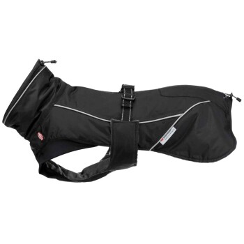 Schwarzer Hunderegenmantel mit reflektierenden Streifen, verstellbaren Riemen und einer Reißverschlusstasche, entworfen für Wetterschutz.