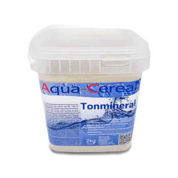 Behälter von Aqua Cereal Tonmineral, ein 2 kg Mineralstoffzusatz für Aquarientiere, mit blauen Wasser-Grafiken und Produktdetails.