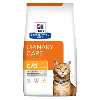 Hill's Prescription Diet Urinary Care c/d Multicare Katzenfutterbeutel mit orange-weißem Design und Katzenbild.