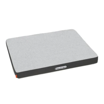 Grau Haustierbett mit schwarzem Rand, mit einem 'Doctor Bark'-Logo an der Seite.