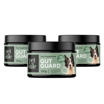 Drei Gläser "Petstile Gut Guard" Hundesupplement, jeweils 150 g, gekennzeichnet als 100% natürlich mit einem Hundebild, das die Verdauungsgesundheit fördert.