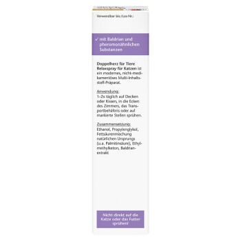 Entspannungsspray für Katzen in einer weißen Box, mit Anweisungen und Zutaten auf Deutsch, einschließlich Baldrian und pheromonähnlichen Substanzen.